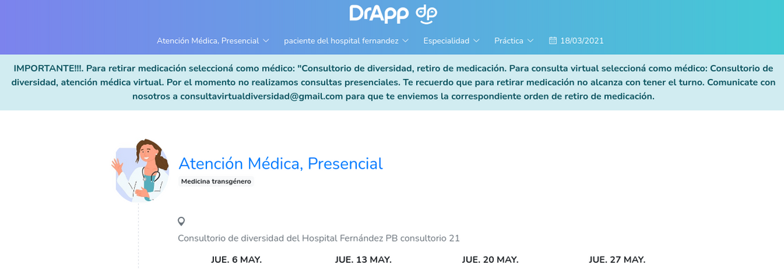 Captura de pantalla del sitio app para pedir turnos en el Consultorio de la Diversidad del Hospital Fernández